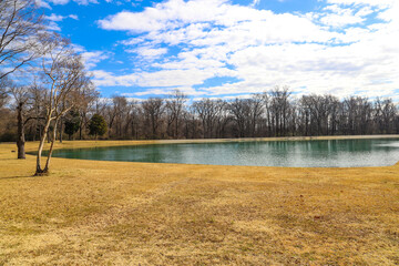 a still green lake in the park surrounded by yellow winter grass and lush green and bare winter...