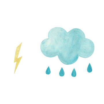 hand drawn watercolor illustration of blue cloud, raindrops, sun and lightning isolated on white background
