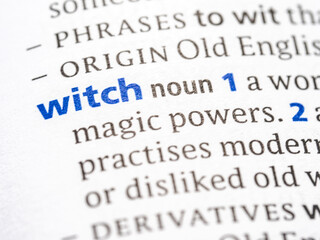 Obraz premium Witch - English dictionary definition of the word - photo of a dictionary page with paper grain texture - selective focus on the word