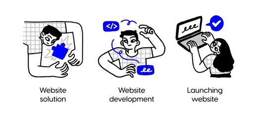 Web Development Life Cycle- set of business concept illustrations. Website solution, website development, Launching. Visual stories collection