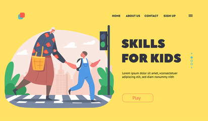 Skills for Kids Landing Page Template. Little Boy Lead Old Lady over Crossroad with Traffic. Schoolboy Help Old Woman