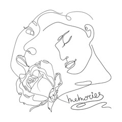 Vector hand drawn line art illustration of a female faces with a rose. Simple elegant minimalist portrait of a couple with a handwritten word memories.