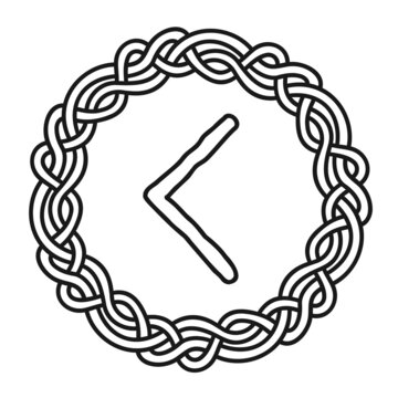 Rune Kenaz Kanu in a circle - an ancient Scandinavian symbol or sign, amulet. Viking writing. Hand drawn outline vector illustration for websites, games, engraving and print.