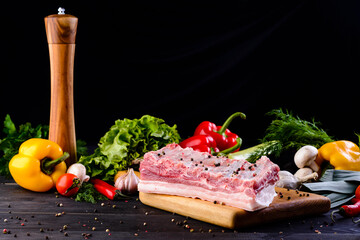 rack of raw pork spare ribs seasoned with spices on black tray with paprika, garlic cloves, bay leaves at background