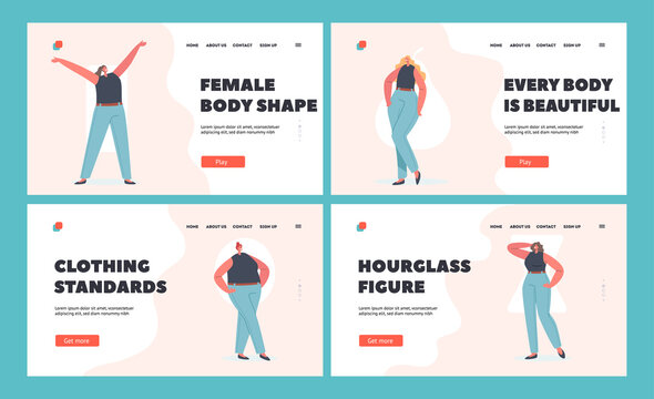 Women Different Body Figure Types, Landing Page Template Set. Female Characters Hourglass, Inverted Triangle, Rectangle