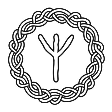 Rune Algiz in a circle - an ancient Scandinavian symbol or sign, amulet. Viking writing. Hand drawn outline vector illustration for websites, games, engraving and print.