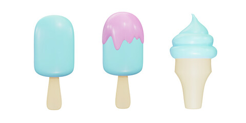 Ice cream, ice cream with icing and in a cone. 3d set of realistic objects. Vector illustration.