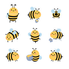 Set of kawaii bees with flowers and honey pots. Summer illustration for kids. Cartoon character.