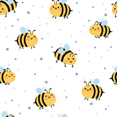 Fototapeta premium Childish seamless pattern of flying bees. Illustation for background, banner, sticker label and greeting card. Cute repeated pattern.