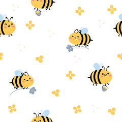 Childish seamless pattern of flying bees. Illustation for background, banner, sticker label and greeting card. Cute repeated pattern.