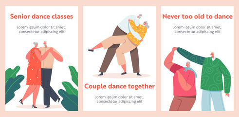 Loving Senior Couples Dance Banners Set, Romantic Relations, Happy Old Men and Women Embracing, Holding Hands