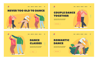 Loving Senior Couples Dance Landing Page Template Set. Happy Old Men and Women Embracing, Holding Hands