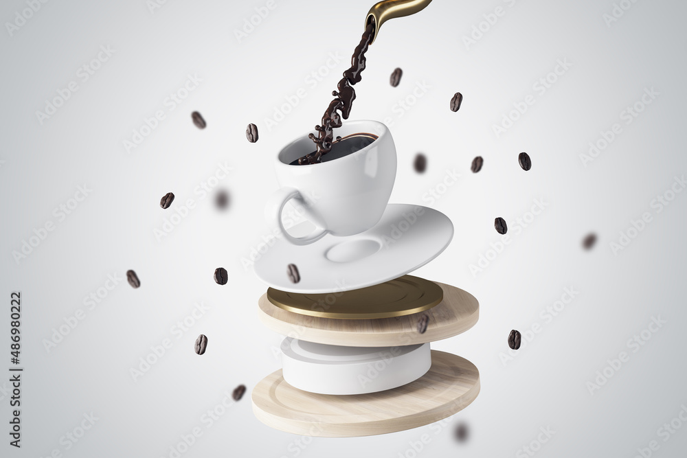 Poster abstract white background with coffee pouring into cup stack. morning and addiction concept. 3d rend
