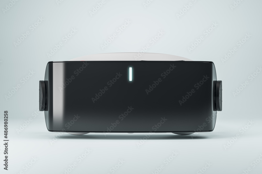 Poster Close up of virtual reality glasses on abstract blurry background with blank mock up place for your advertisement. Headset and gadget concept. 3D Rendering.