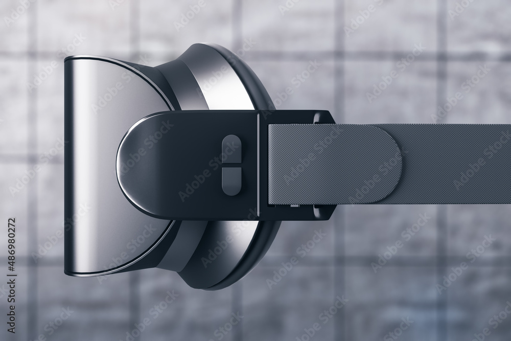 Poster close up of virtual reality glasses on abstract blurry wallpaper. headset and gadget concept. 3d ren