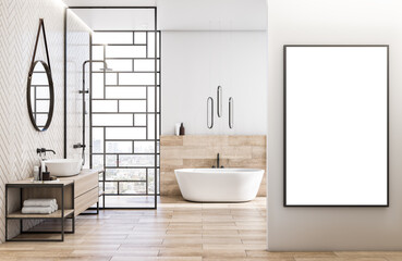 Modern stylish bathroom interior with wooden flooring, mock up poster on concrete wall and window with city view, daylight. Design and hotel style concept. 3D Rendering.