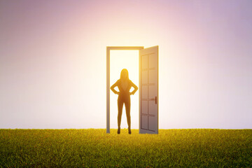 Successful businesswoman standing in front of bright door in abstract interior with concrete wall, grass lawn floor. Future, success and dream concept.