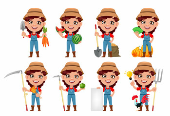 Farmer woman cartoon character, set of eight poses - 486980259