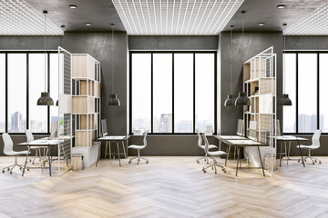 Front view on city view from big window in sunny spacious eco interior design office with parquet floor, stylish work places separated by wooden racks and white metallic cell partitions. 3D rendering