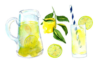 Watercolor hand drawn lemonade drink in decanter and glass. Illustration of homemade lemon drink and lemon fruti. Design for season offers, decor, menu, recipe, party crafts, ready to use template. - obrazy, fototapety, plakaty