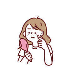 肌の悩み、肌荒れ、ニキビのイラスト(女の子、鏡、ファッション、おしゃれ、美容、スキンケア) Illustrations of skin problems, rough skin, acne . Mirrors, fashion, fashion, fashion, beauty, skin care.