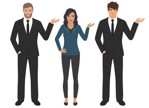 business woman and man in poses set. gestures pointing, showing, standing, isolated vector illustration