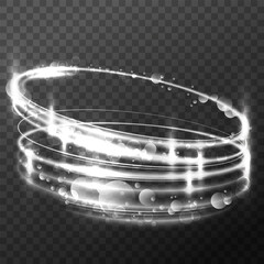 Rotating white rings. Dynamic neon circles with sparks and bubbles. Dynamic 3D design element for washing powders, soaps, shampoos and liquid detergents