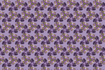 Abstract patterned collage background composed of lavender flowers and linen sachets