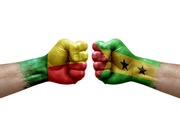 Two hands punch to each others on white background. Country flags painted fists, conflict crisis...