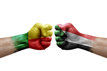 Two hands punch to each others on white background. Country flags painted fists, conflict crisis...