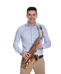 Fototapeta na wymiar Young man with saxophone on white background