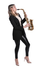 Naklejka premium Beautiful young woman in elegant suit playing saxophone on white background