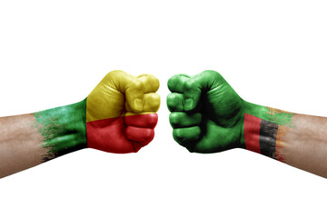 Two hands punch to each others on white background. Country flags painted fists, conflict crisis...