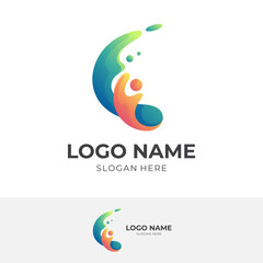 people splash logo concept, people and water, combination logo with 3d green and orange color style