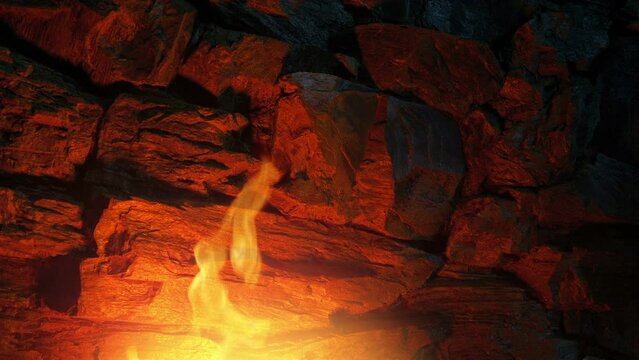 Fire Burns By Cave Wall