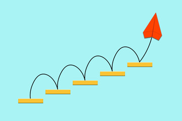 Success, growth,career path or achievement illustration. Paper plane flying up a symbolic golden staircase.
