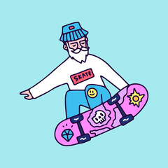 Hype bearded old man freestyle with skateboard, illustration for t-shirt, sticker, or apparel merchandise. With doodle, soft pop, and cartoon style.