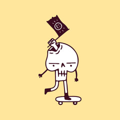 Skeleton character ride a skateboard, illustration for t-shirt, sticker, or apparel merchandise. With doodle, soft pop, and cartoon style.