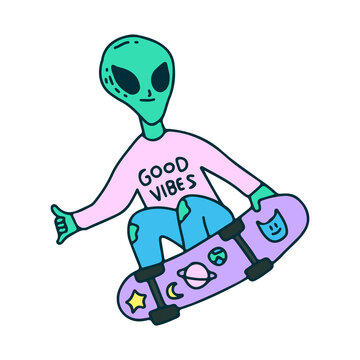 Hype alien freestyle with skateboard, illustration for t-shirt, sticker, or apparel merchandise. With doodle, soft pop, and cartoon style.