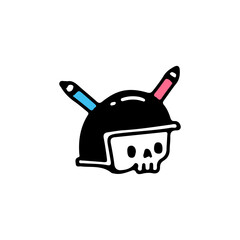 Skeleton wearing helmet with pencils horn, illustration for t-shirt, sticker, or apparel merchandise. With doodle, soft pop, and cartoon style.