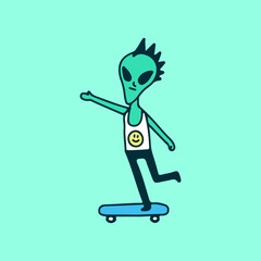 Punk alien riding a skateboard, illustration for t-shirt, sticker, or apparel merchandise. With doodle, soft pop, and cartoon style.