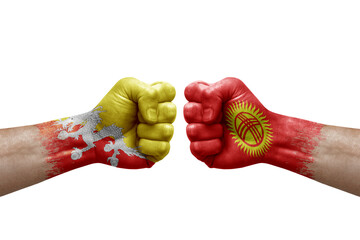 Two hands punch to each others on white background. Country flags painted fists, conflict crisis...