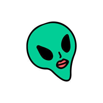 Alien face with sexy woman lips, illustration for t-shirt, sticker, or apparel merchandise. With doodle, soft pop, and cartoon style.