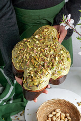 Colomba di Pasqua in the woman shef hands, traditional italian easter dove cake with green...