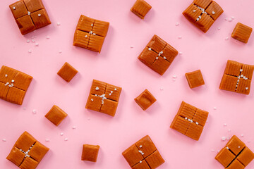 Caramel pieces of caramel candies with sea salt, top view