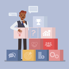 Businessman arranging block with icon business strategy. people character vector design.