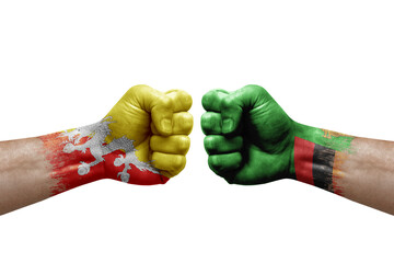 Two hands punch to each others on white background. Country flags painted fists, conflict crisis...