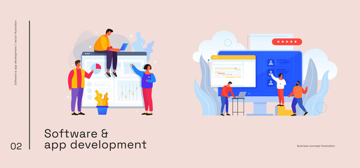 Team of young cartoon employees are working on a new company web project. Collaboration in a web agency and search for an idea. Communication concept, business discussion. Vector flat illustrations.