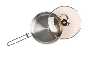 New shiny saucepan with glass lid isolated on white, top view