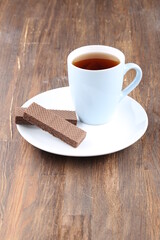 Chocolate Wafer on Wooden Plate, Served with Tea, Copy Space